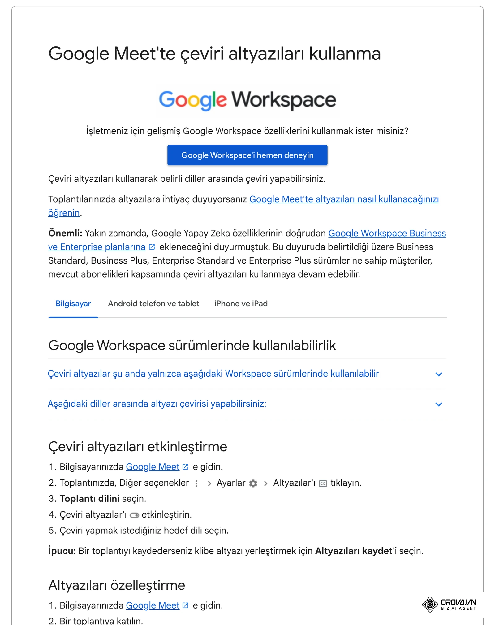 Google Meet Yardım: toplantıda çeviri altyazılarını açma ve dil seçme adımları.
