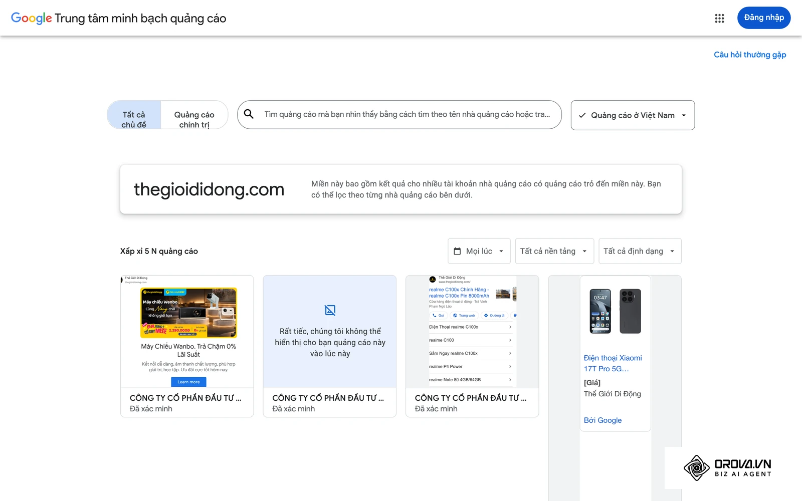 Trung tâm minh bạch quảng cáo của Google (khu vực Việt Nam): quảng cáo thật của Thế Giới Di Động ở nhiều định dạng, tương ứng các loại chiến dịch khác nhau.