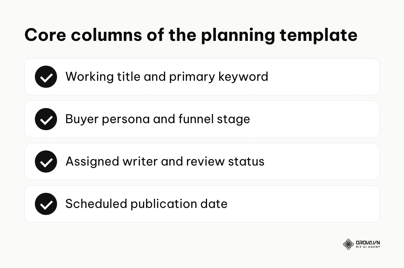 A checklist of the core columns a content strategy framework template should track.