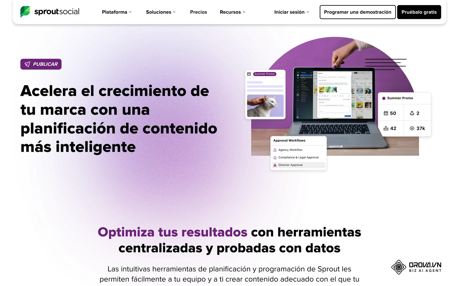Página oficial de publicación de Sprout Social: planificación de contenidos con flujo de aprobación (agencia, revisión legal y dirección).