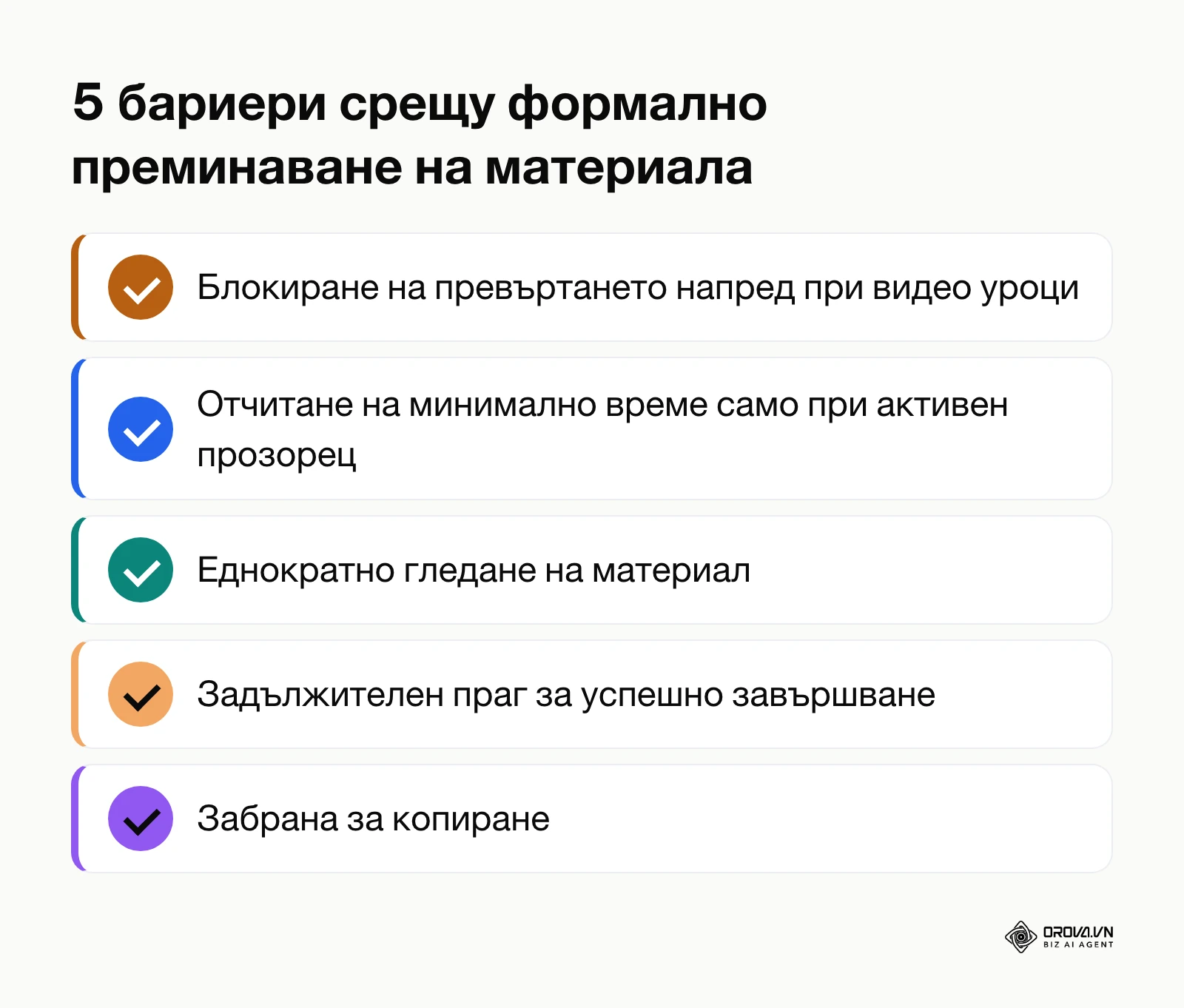 Списък с 5 технически настройки за гарантиране на реално преминаване на обучението.