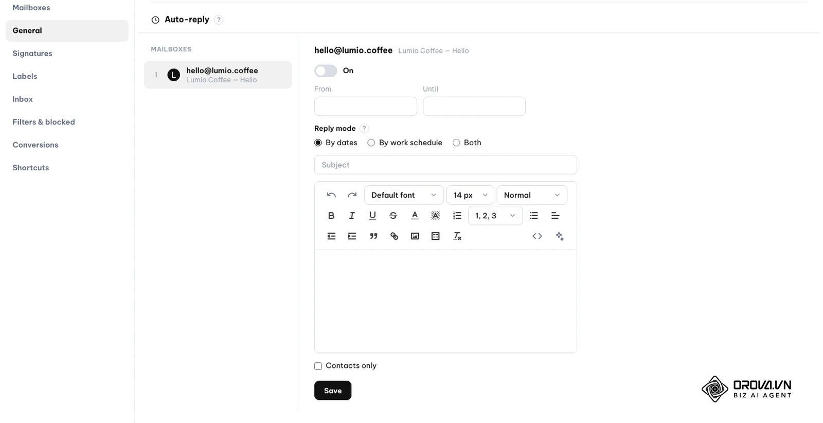 Bereich Auto-reply unter Settings › General in Orova Connect: Postfach, Schalter On, Felder From und Until, Subject, Editor, Contacts only und Save.