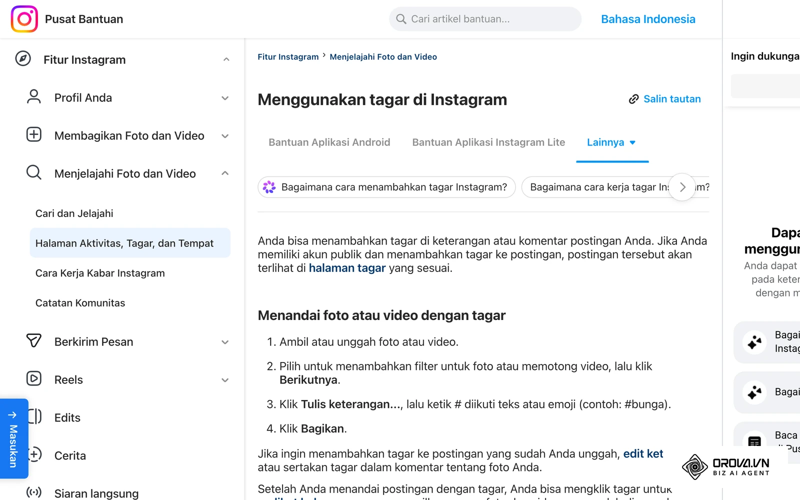 Pusat Bantuan Instagram (Bahasa Indonesia), artikel "Menggunakan tagar di Instagram": tagar ditambahkan lewat kolom Tulis keterangan sebelum postingan dibagikan.