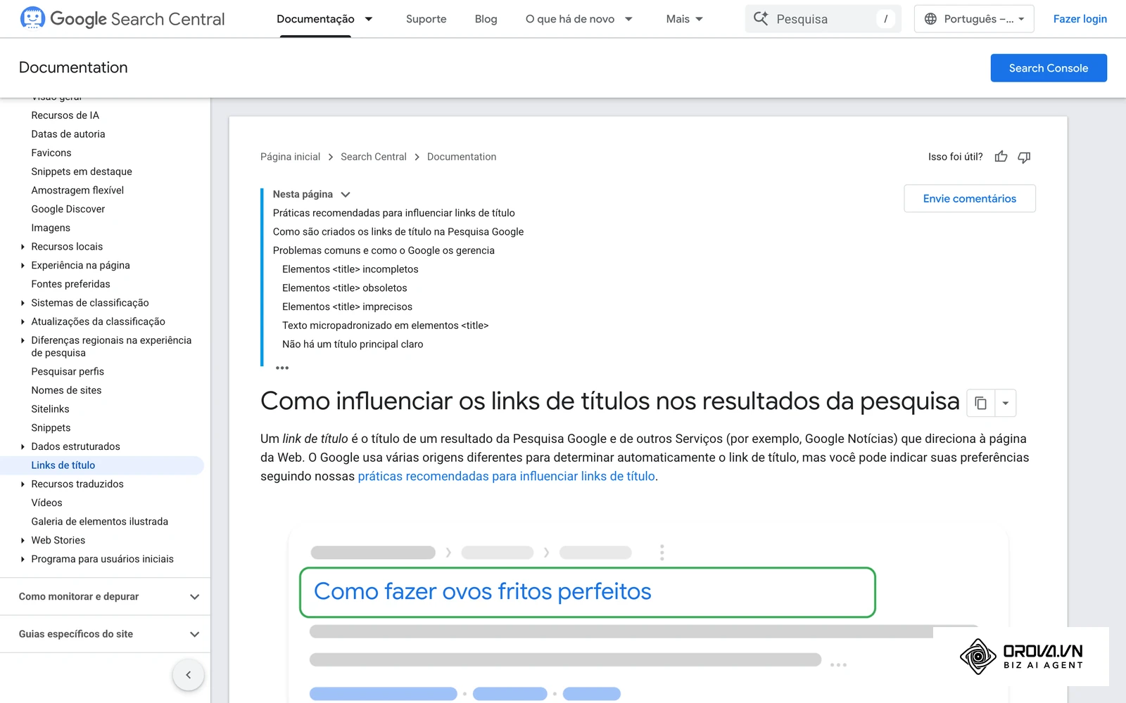 Documentação do Google Search Central sobre links de título: como o Google gera o título exibido no resultado da busca.