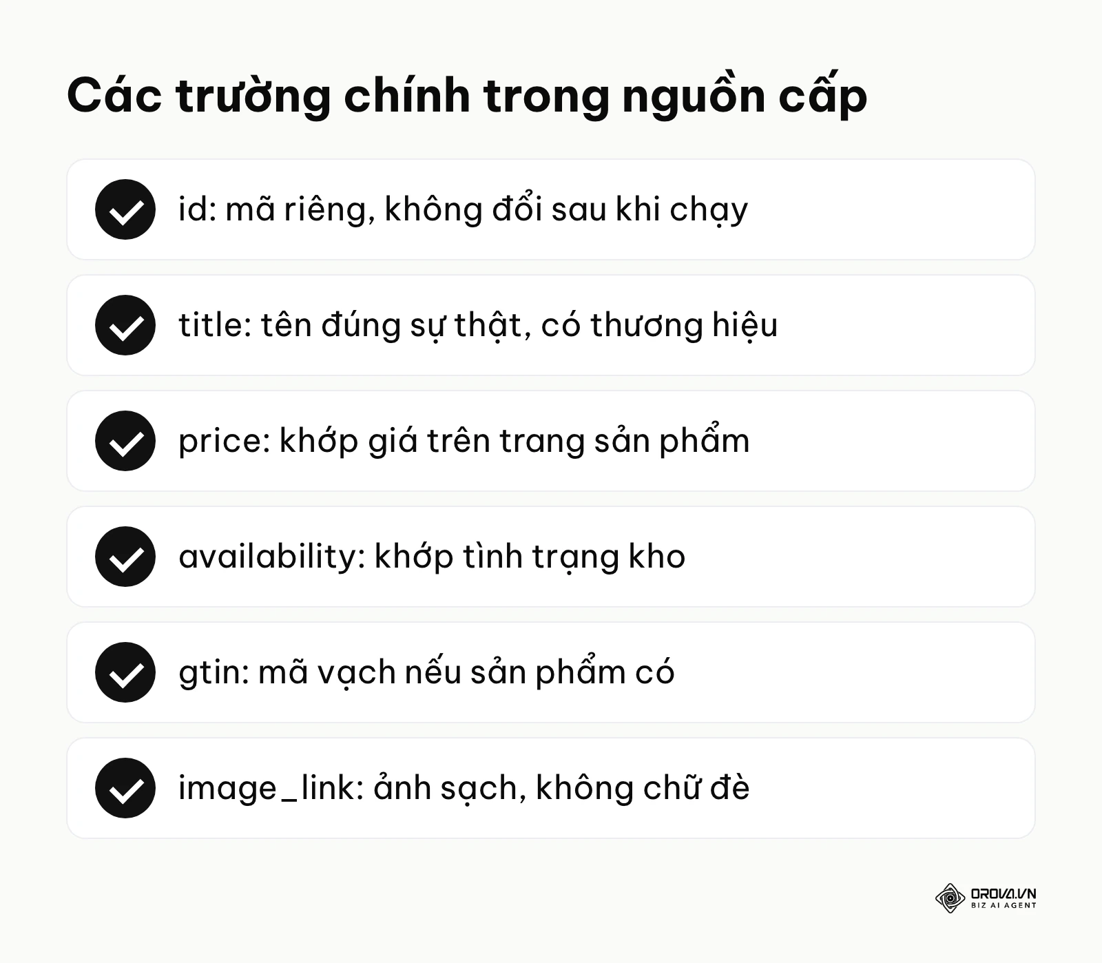 Danh sách các trường dữ liệu quan trọng trong nguồn cấp sản phẩm Google Merchant Center.