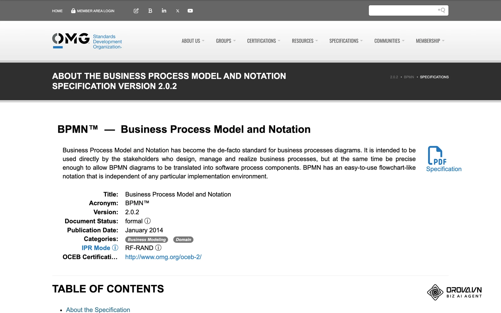 The official BPMN 2.0.2 specification page from the Object Management Group, which models processes as events, gateways, and activities.