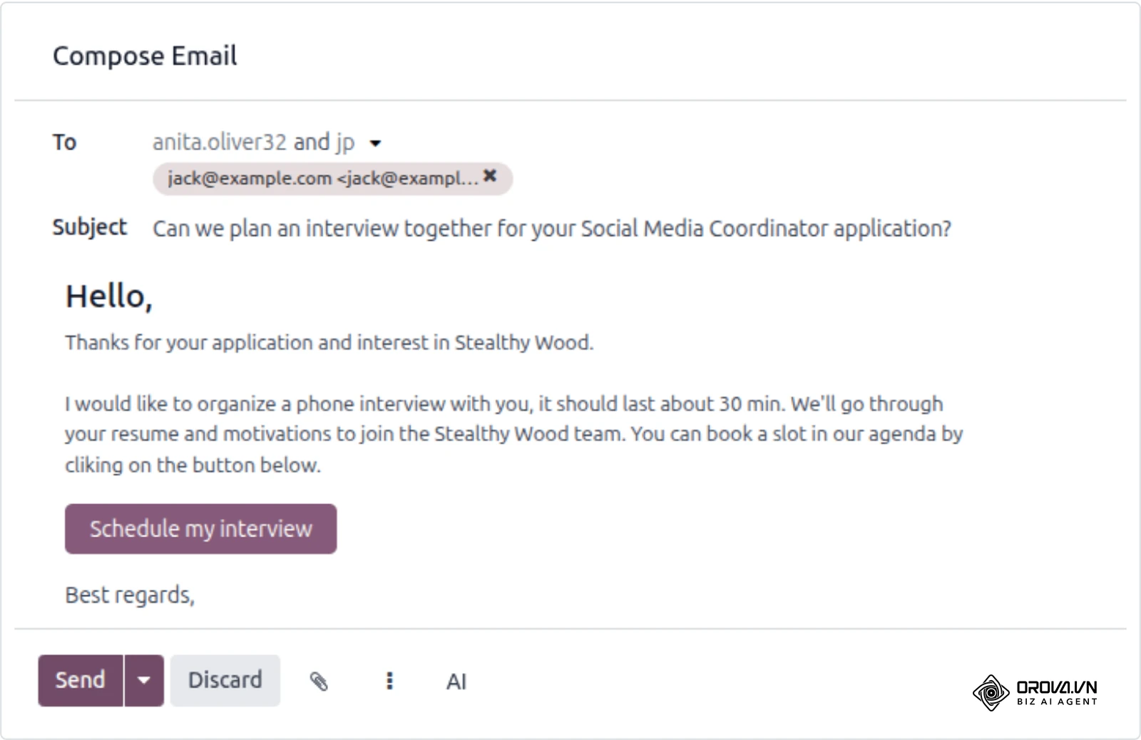 Ukázka z dokumentace Odoo Recruitment: e-mail uchazeči odeslaný přímo z náborového systému. Při demu si ověřte, z jaké domény takové zprávy odcházejí.