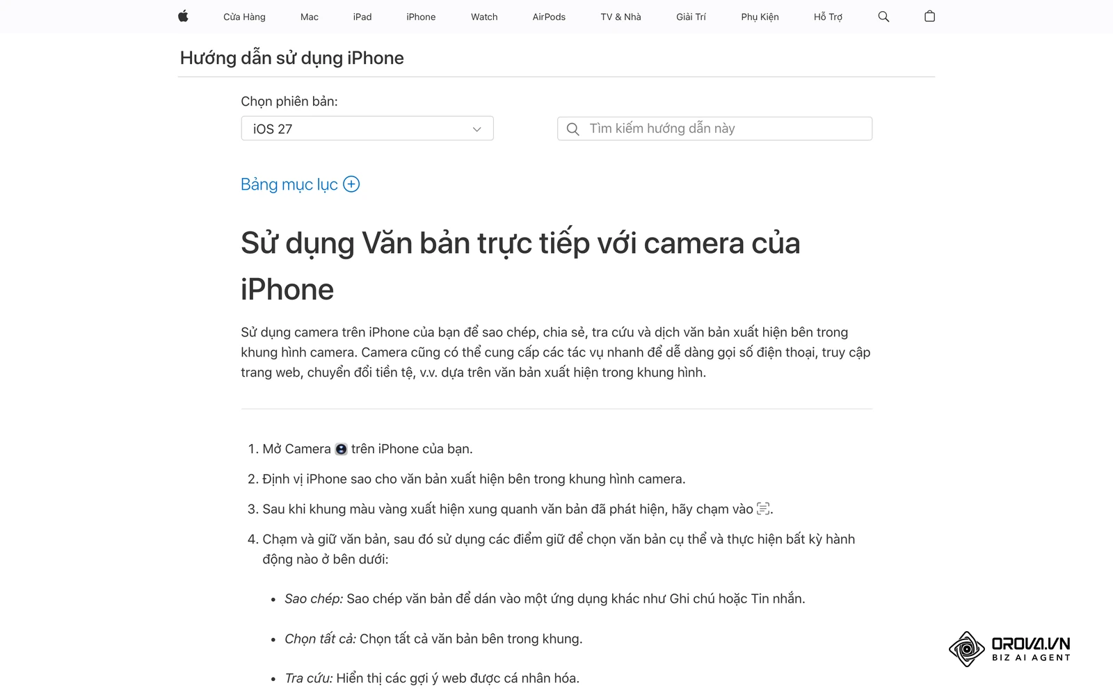 Trang hướng dẫn của Apple về Văn bản trực tiếp, tính năng nhận diện chữ và nội dung trong khung hình trên iPhone.