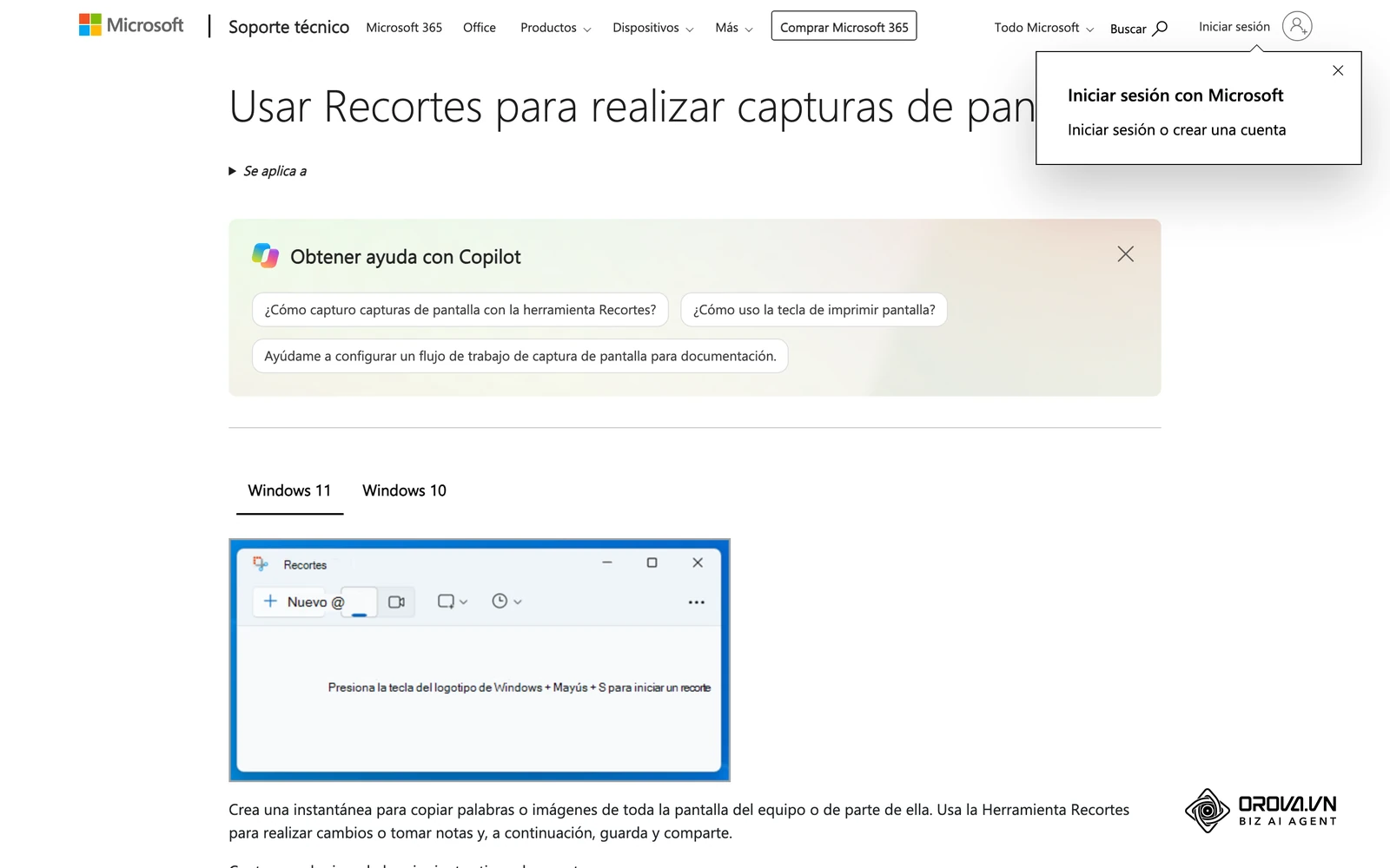Ayuda oficial de Microsoft sobre la Herramienta Recortes de Windows para capturar la zona de pantalla con el código.