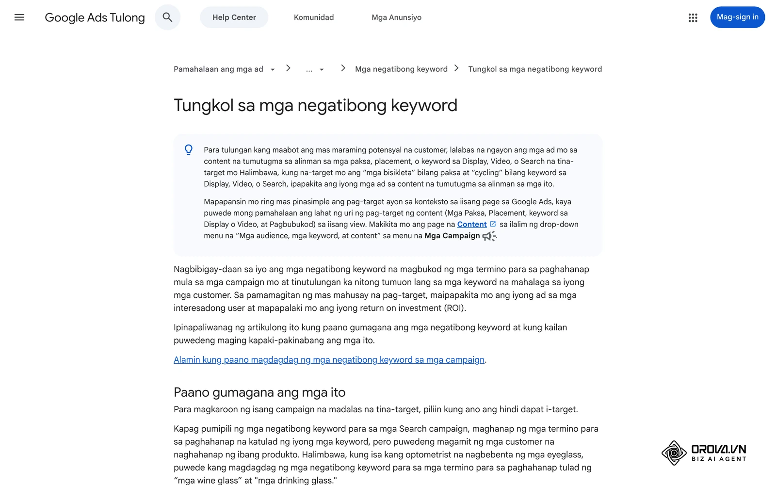 Google Ads Tulong: mga negatibong keyword at ang kanilang uri ng pagtutugma